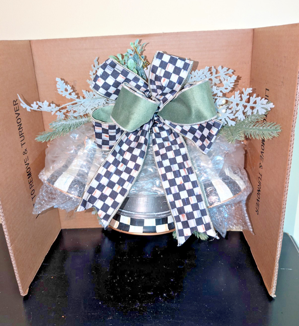 Mackenzie Childs Farmhouse Holiday Bell Swag Emerald Green Courtly Check Retired
